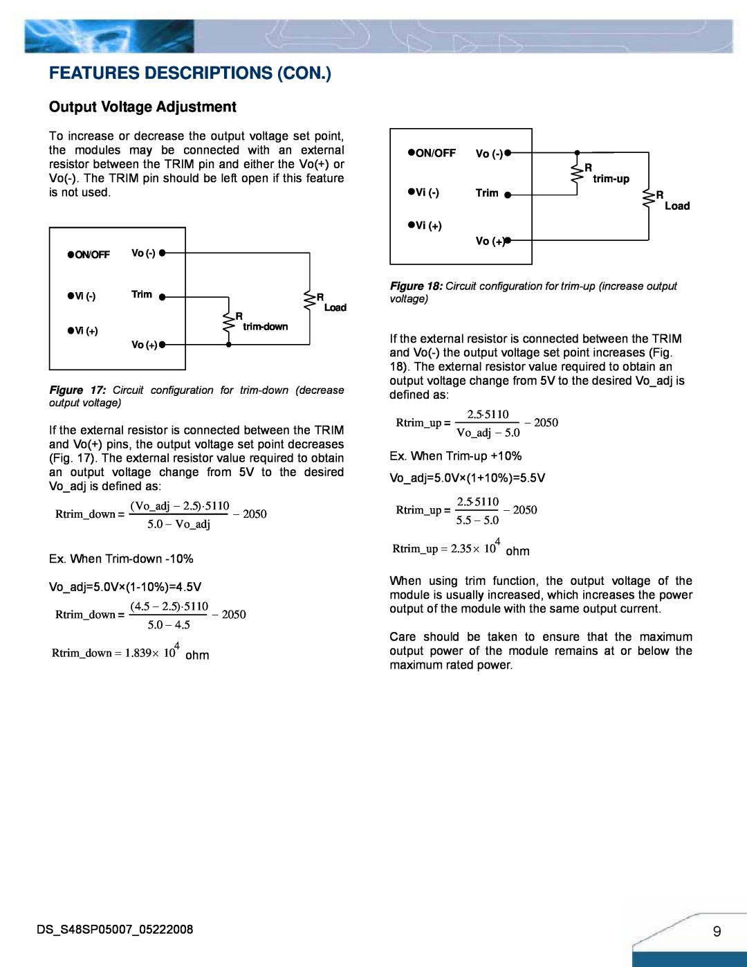 Delta Electronics S48SP manual Features Descriptions Con, Output Voltage Adjustment 