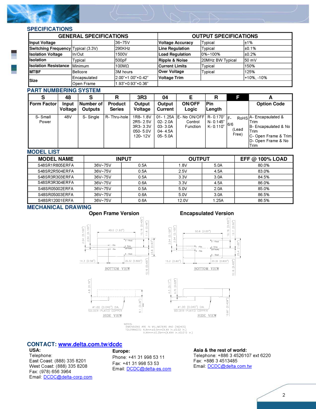 Delta Electronics S48SR manual System, Mechanical Drawing, General Specifications Output Specifications 