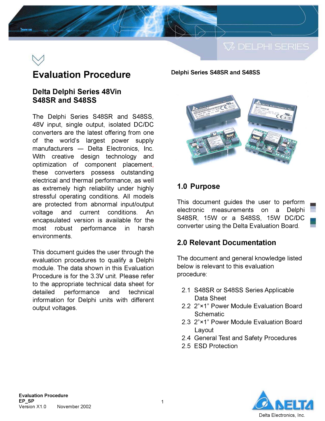 Delta Electronics manual Delta Delphi Series 48Vin S48SR and S48SS, Purpose, Relevant Documentation 