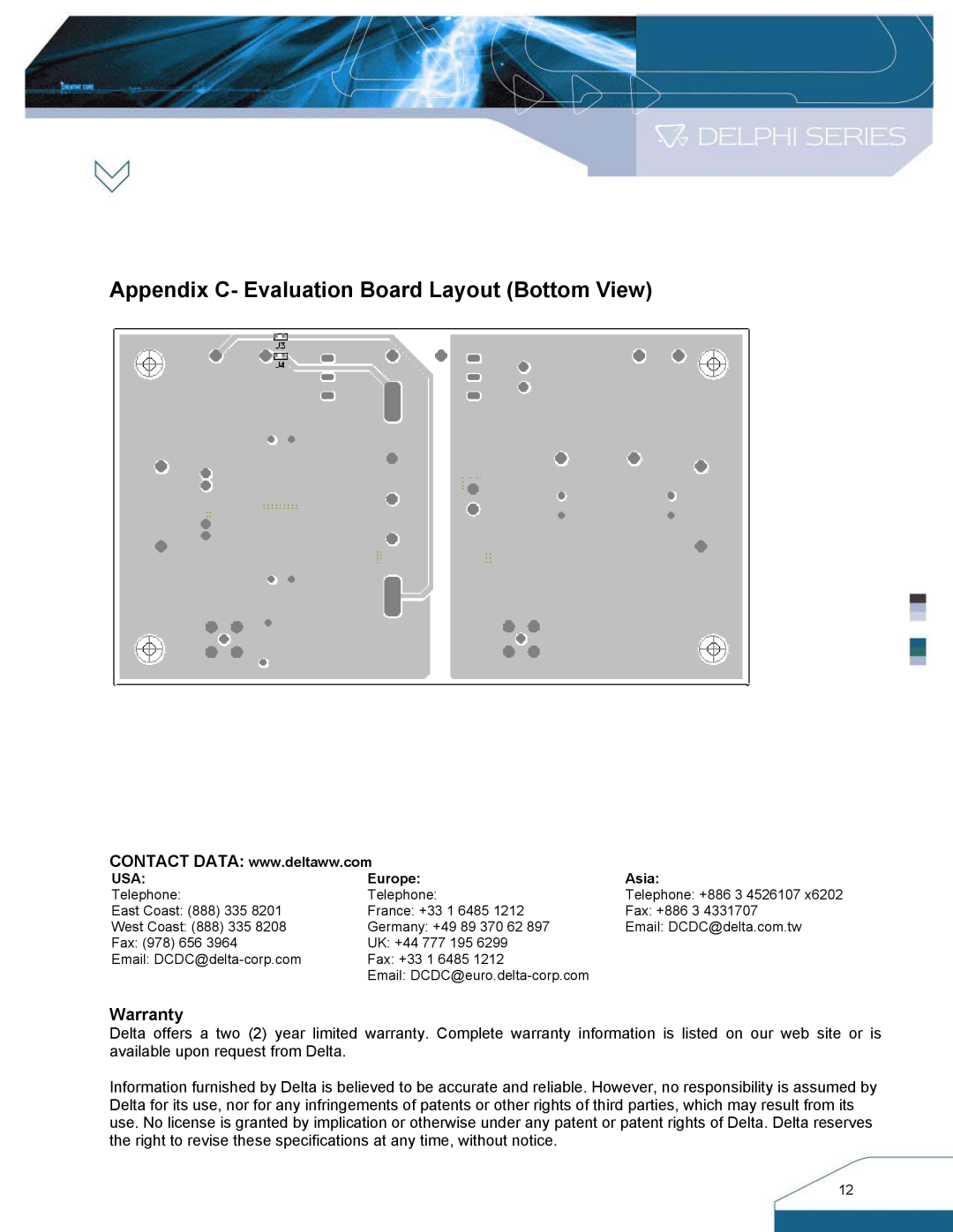 Delta Electronics S48SS manual Appendix C- Evaluation Board Layout Bottom View, Warranty 