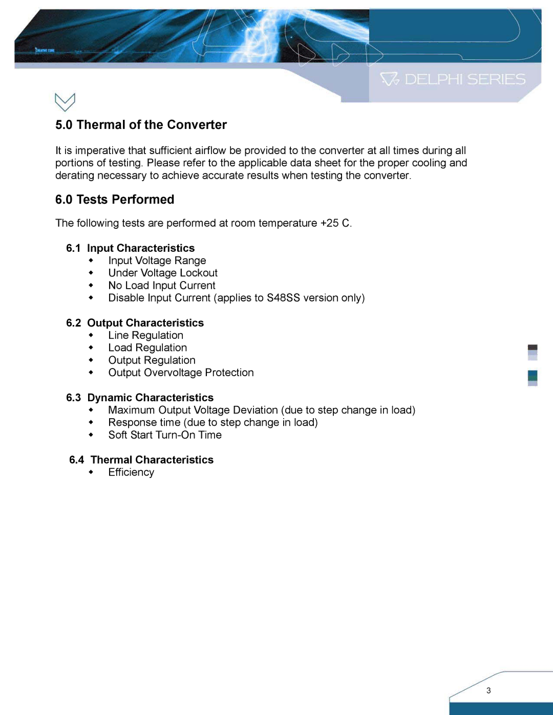 Delta Electronics S48SS manual Thermal of the Converter, Tests Performed, Output Characteristics, Dynamic Characteristics 