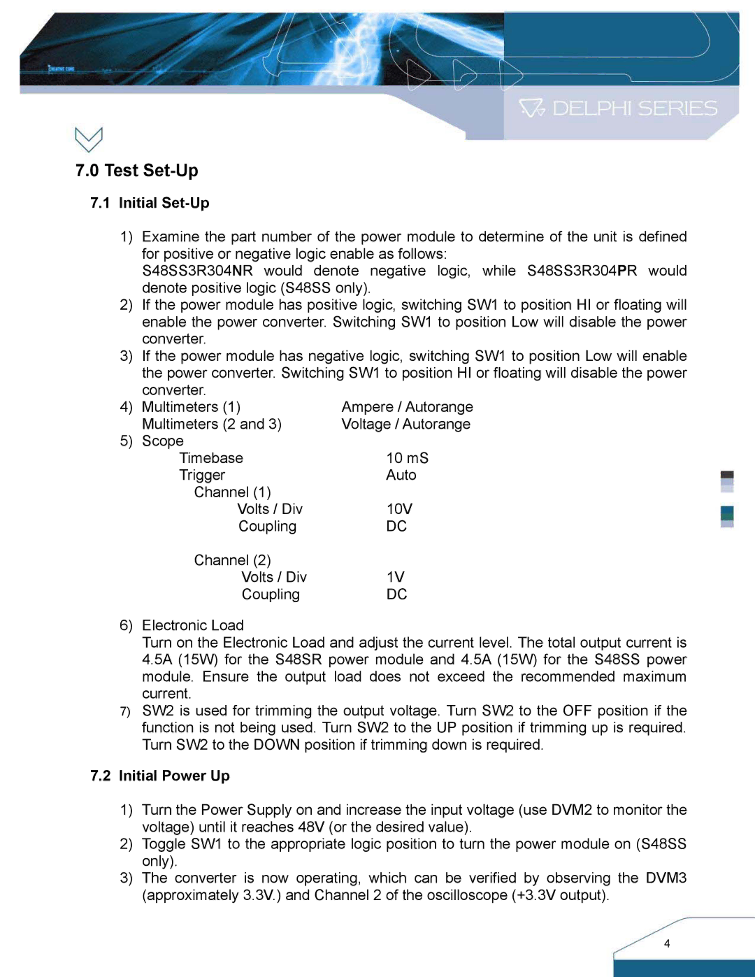 Delta Electronics S48SS manual Test Set-Up, Initial Set-Up, Initial Power Up 