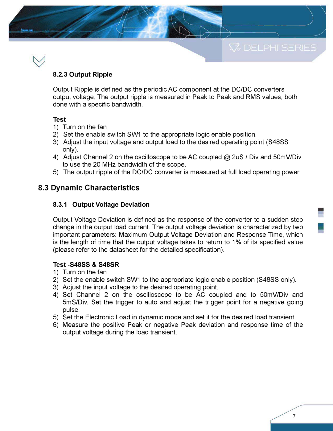 Delta Electronics manual Dynamic Characteristics, Output Ripple, Output Voltage Deviation, Test -S48SS & S48SR 