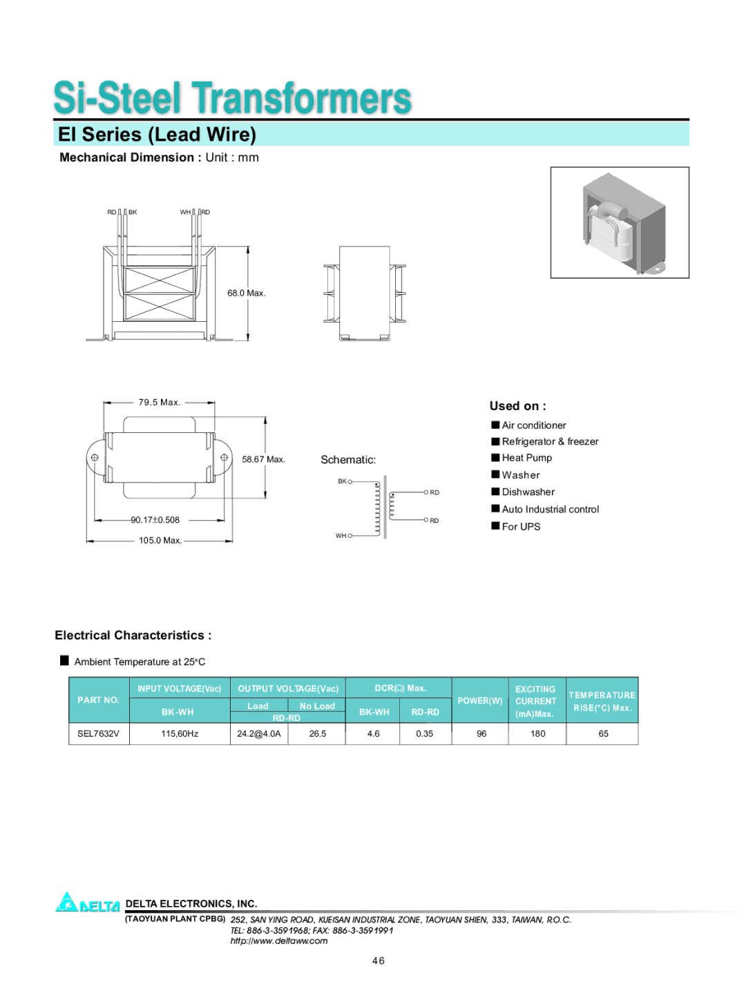 Delta Electronics SEL7632V manual Si-Steel Transformers, EI Series Lead Wire, Mechanical Dimension Unit mm, Used on 