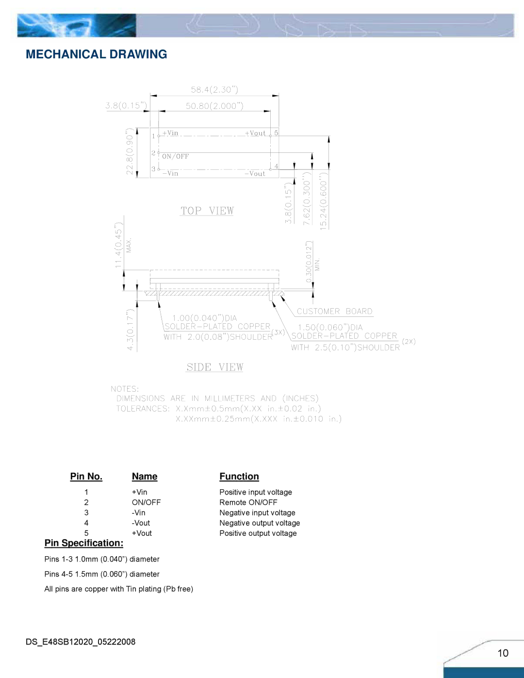 Delta Electronics Series 240W manual Mechanical Drawing, Pin No Name Function, Pin Specification 