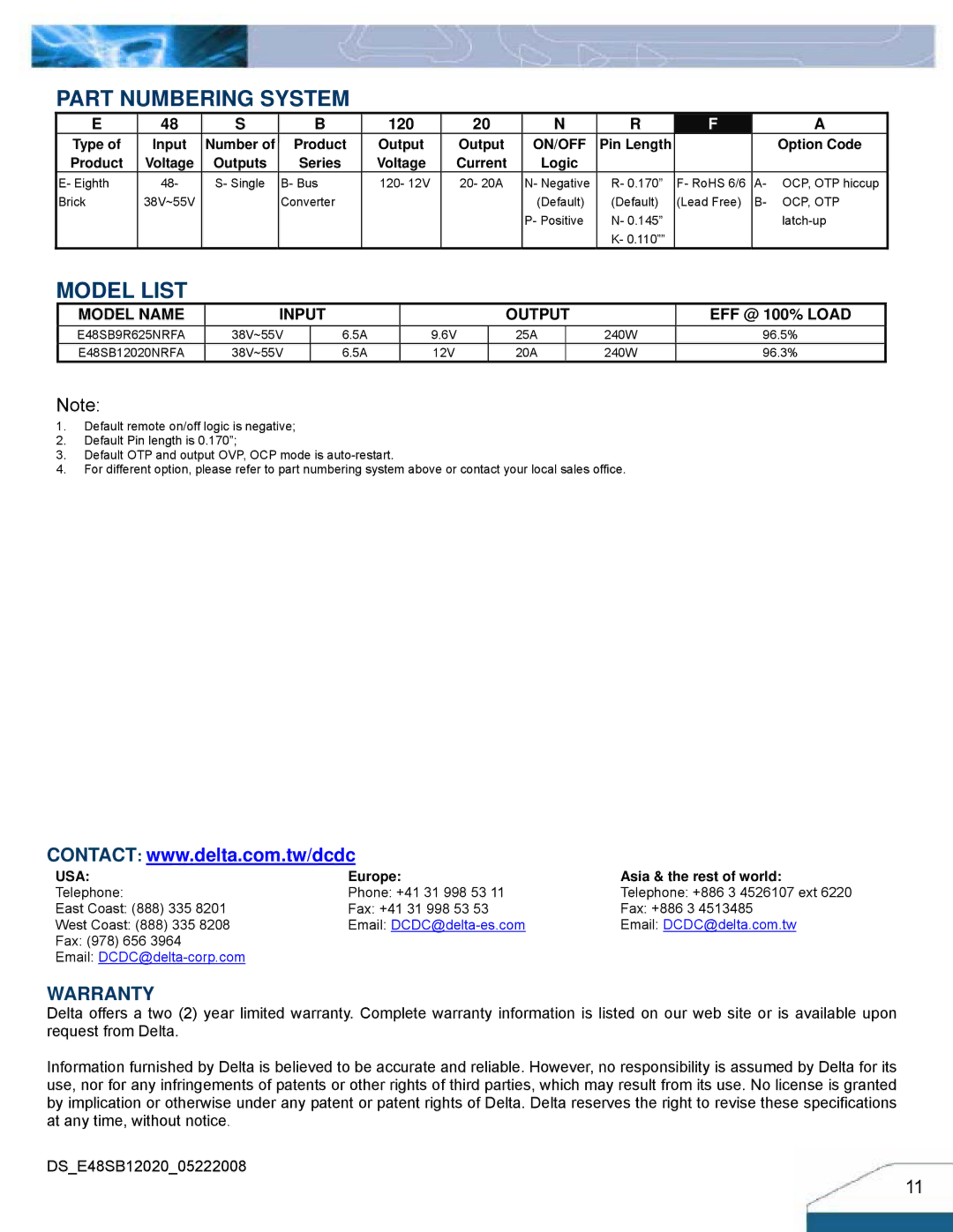 Delta Electronics Series 240W manual Part Numbering System, Model List 