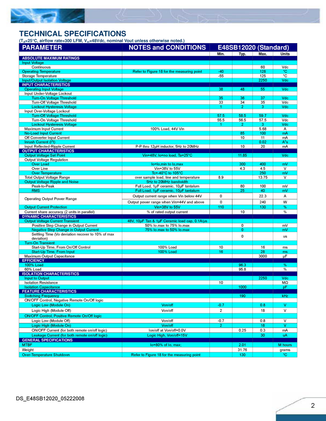 Delta Electronics Series 240W manual Technical Specifications, Parameter 