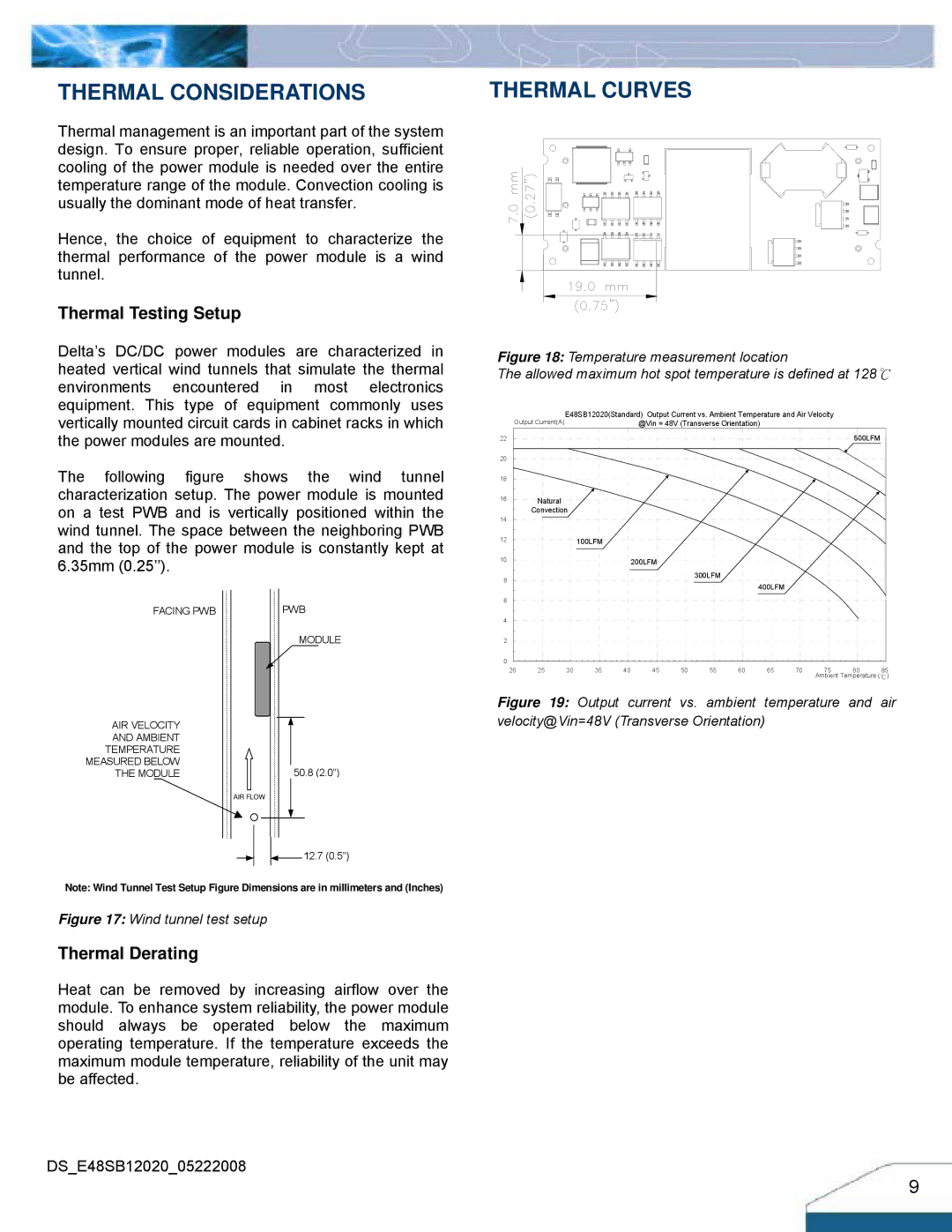 Delta Electronics Series 240W manual Thermal Considerations, Thermal Testing Setup, Thermal Derating 