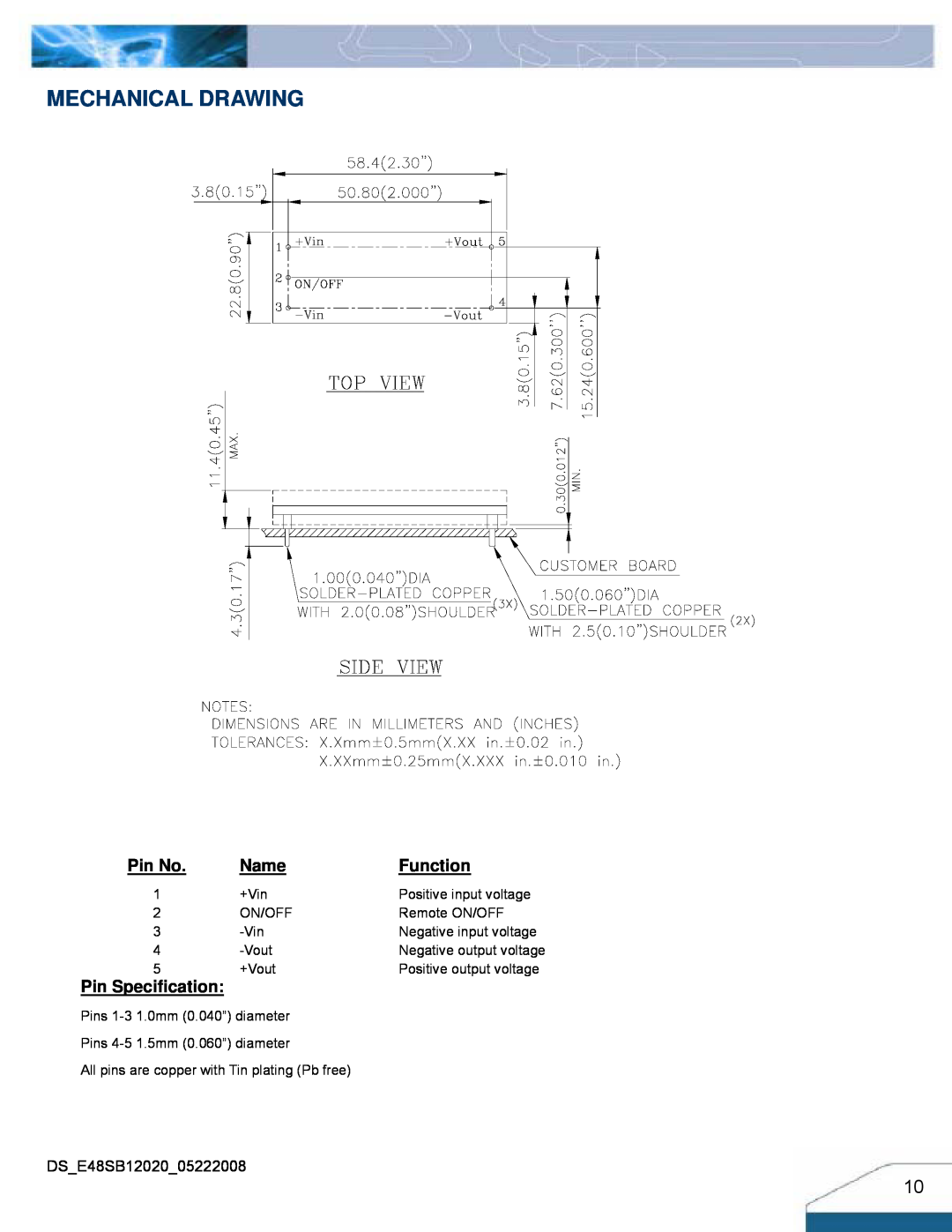 Delta Electronics Series 240W manual Mechanical Drawing, Pin No, Name, Function, Pin Specification 