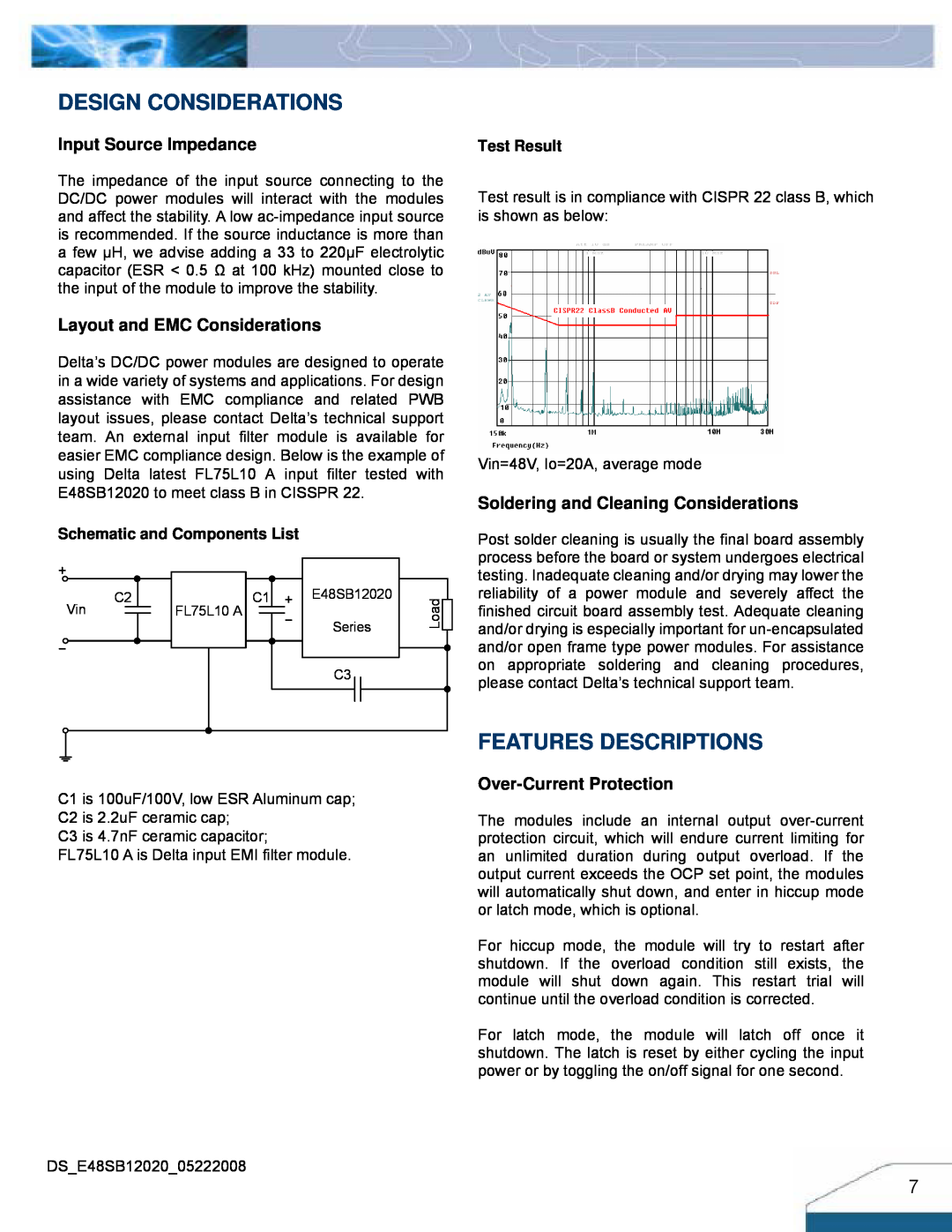 Delta Electronics Series 240W manual Design Considerations, Features Descriptions, Input Source Impedance, Test Result 