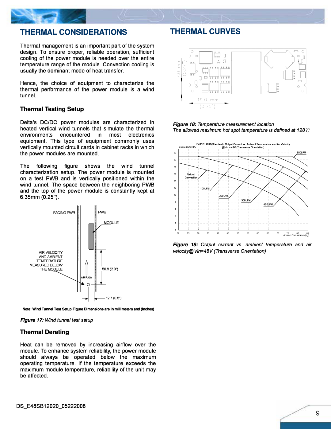 Delta Electronics Series 240W manual Thermal Considerations, Thermal Testing Setup, Thermal Derating, Thermal Curves 