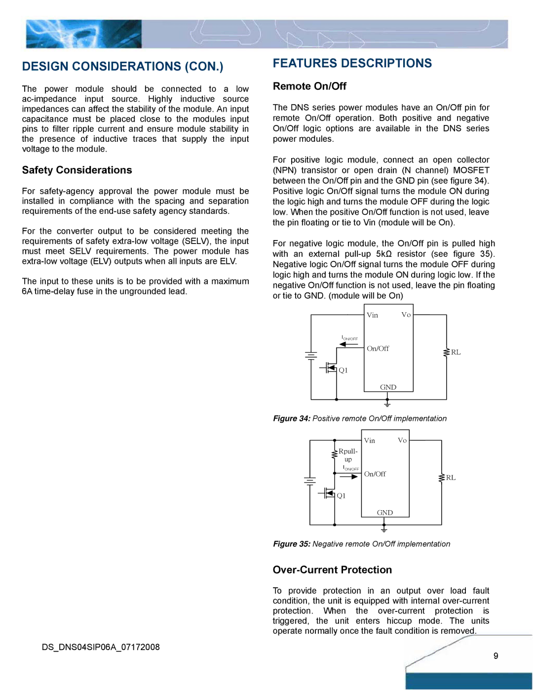 Delta Electronics Series DNS manual Design Considerations CON, Features Descriptions, Safety Considerations, Remote On/Off 