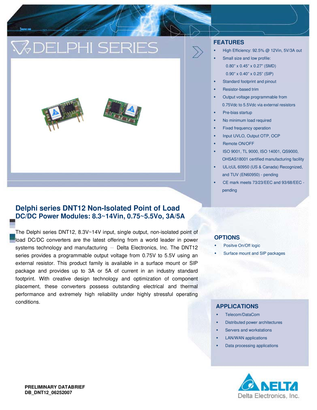 Delta Electronics Series DNT12 manual Features, Options, Applications, Delphi series DNT12 Non-Isolated Point of Load 