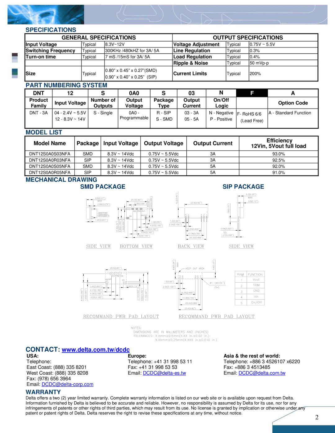 Delta Electronics Series DNT12 Specifications, Part Numbering System, Model List, Mechanical, SMD Package SIP Package 