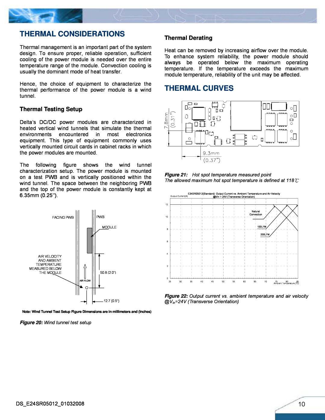 Delta Electronics Series E24SR manual Thermal Considerations, Thermal Curves, Thermal Derating, Thermal Testing Setup 