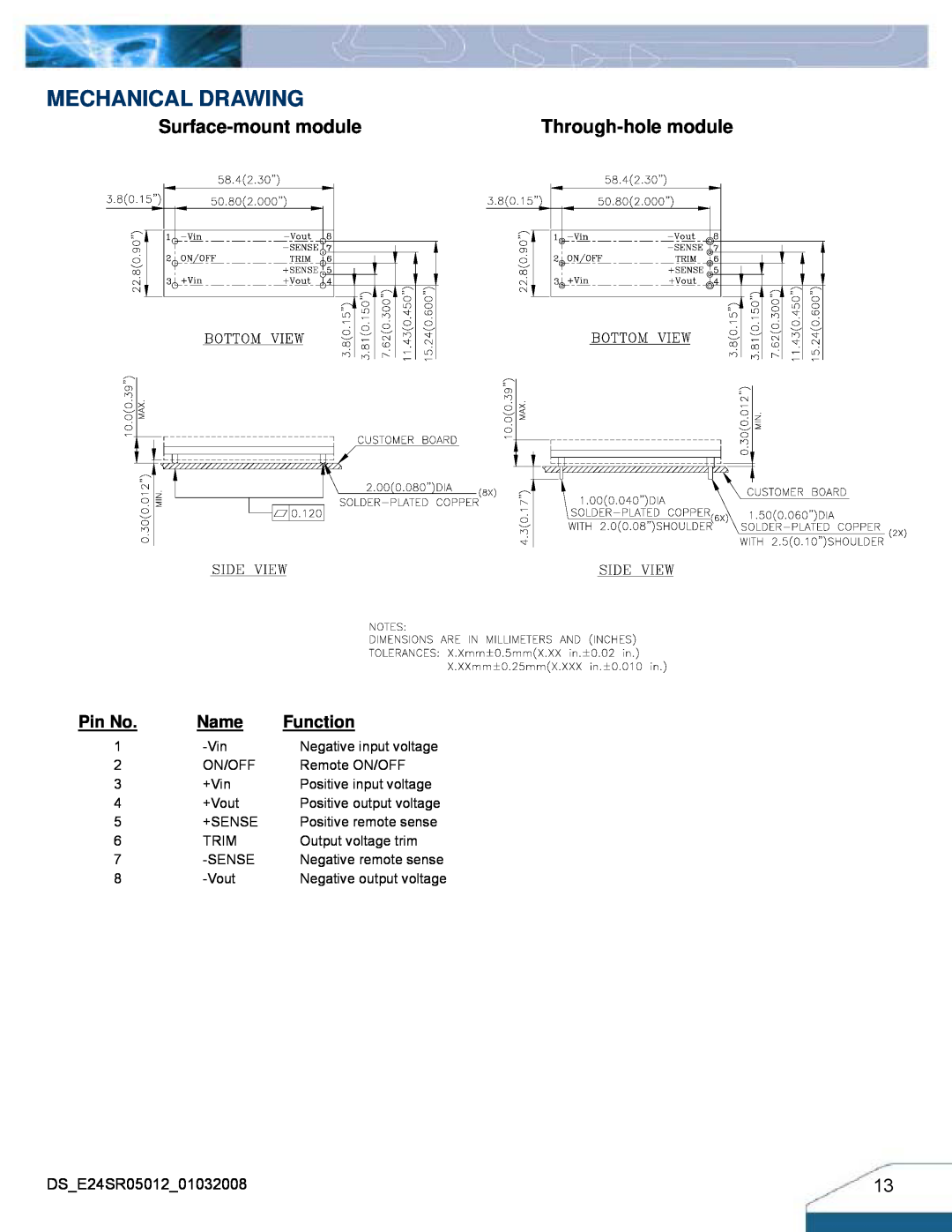 Delta Electronics Series E24SR manual Mechanical Drawing, Surface-mount module, Through-hole module, Pin No, Name, Function 