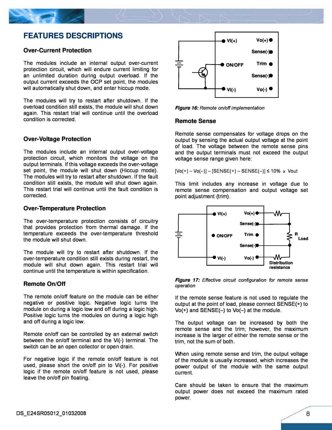 Delta Electronics Series E24SR manual Features Descriptions, Over-Current Protection, Over-Voltage Protection, Remote Sense 