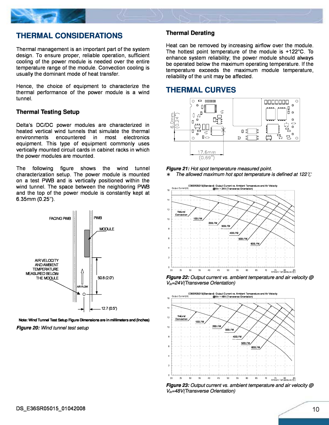 Delta Electronics Series E36SR manual Thermal Considerations, Thermal Curves, Thermal Testing Setup, Thermal Derating 