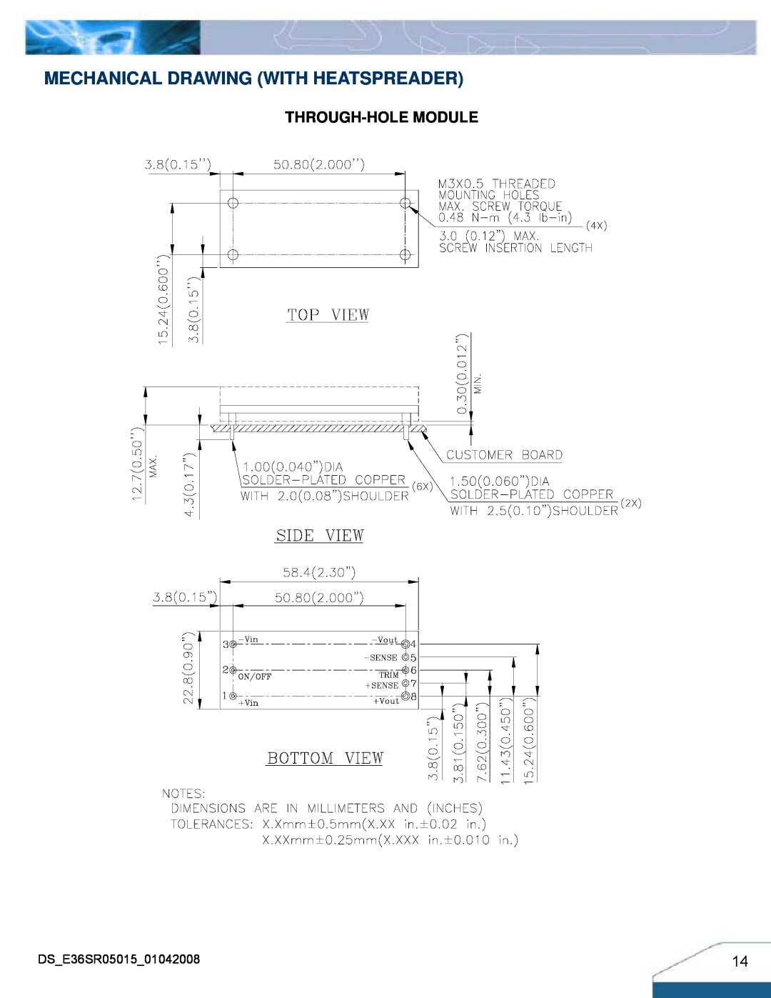 Delta Electronics Series E36SR manual Mechanical Drawing With Heatspreader, Through-Hole Module 