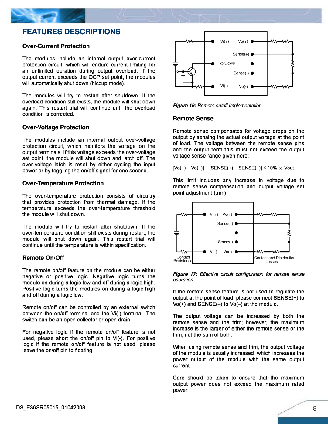 Delta Electronics Series E36SR manual Features Descriptions, Over-Current Protection, Over-Voltage Protection, Remote Sense 