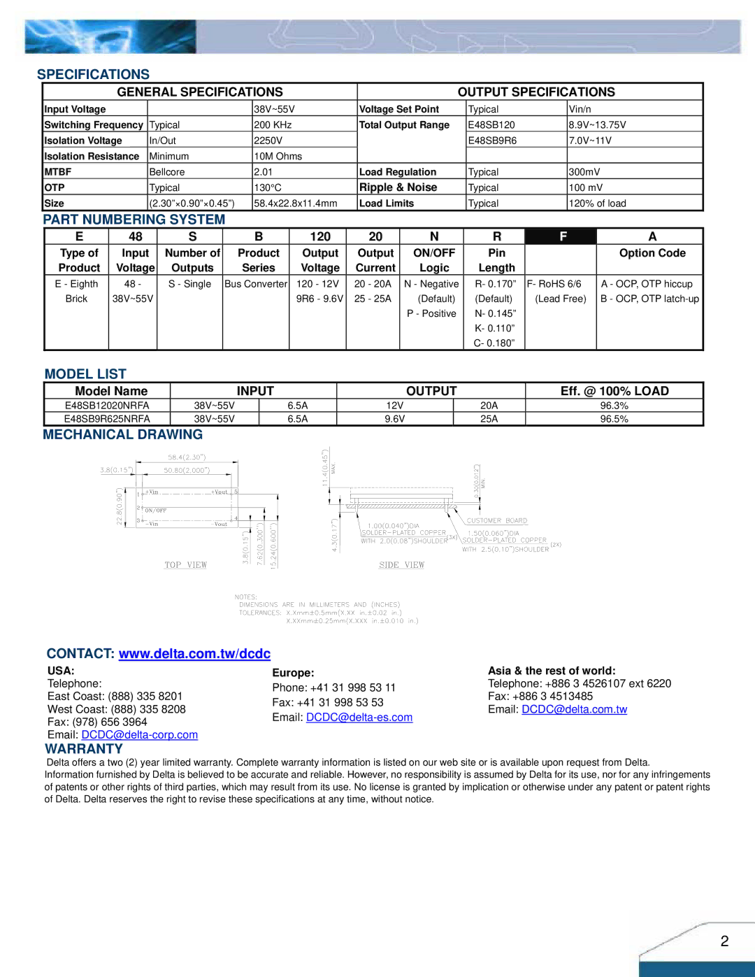 Delta Electronics Series E48SB manual Specifications, System, Model List, Mechanical Drawing, Warranty 