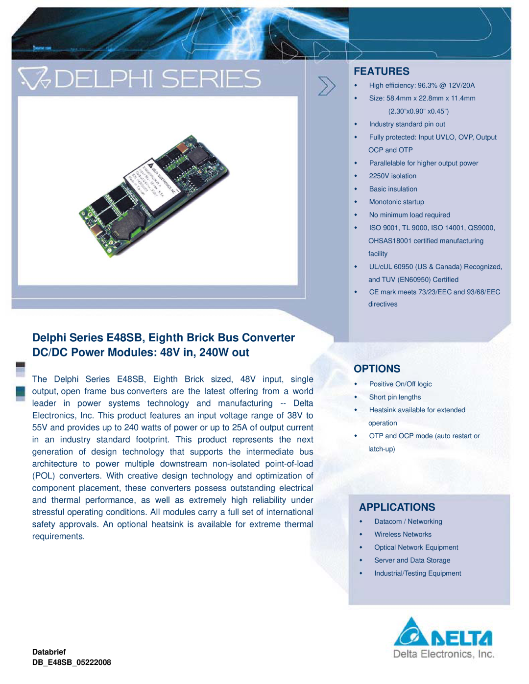 Delta Electronics Series E48SB manual Features, Options, Applications, Databrief DBE48SB05222008 