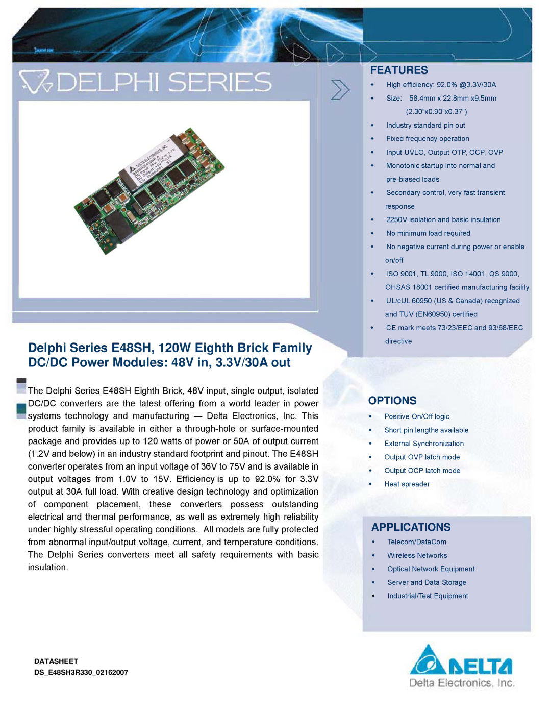 Delta Electronics Series E48SH manual Features 