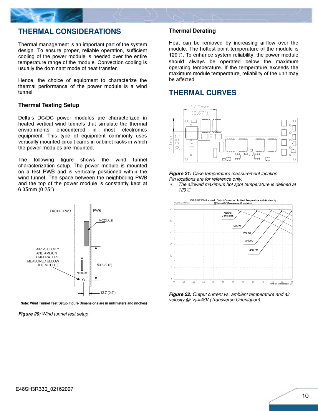 Delta Electronics Series E48SH manual Thermal Considerations, Thermal Curves, Thermal Testing Setup, Thermal Derating 