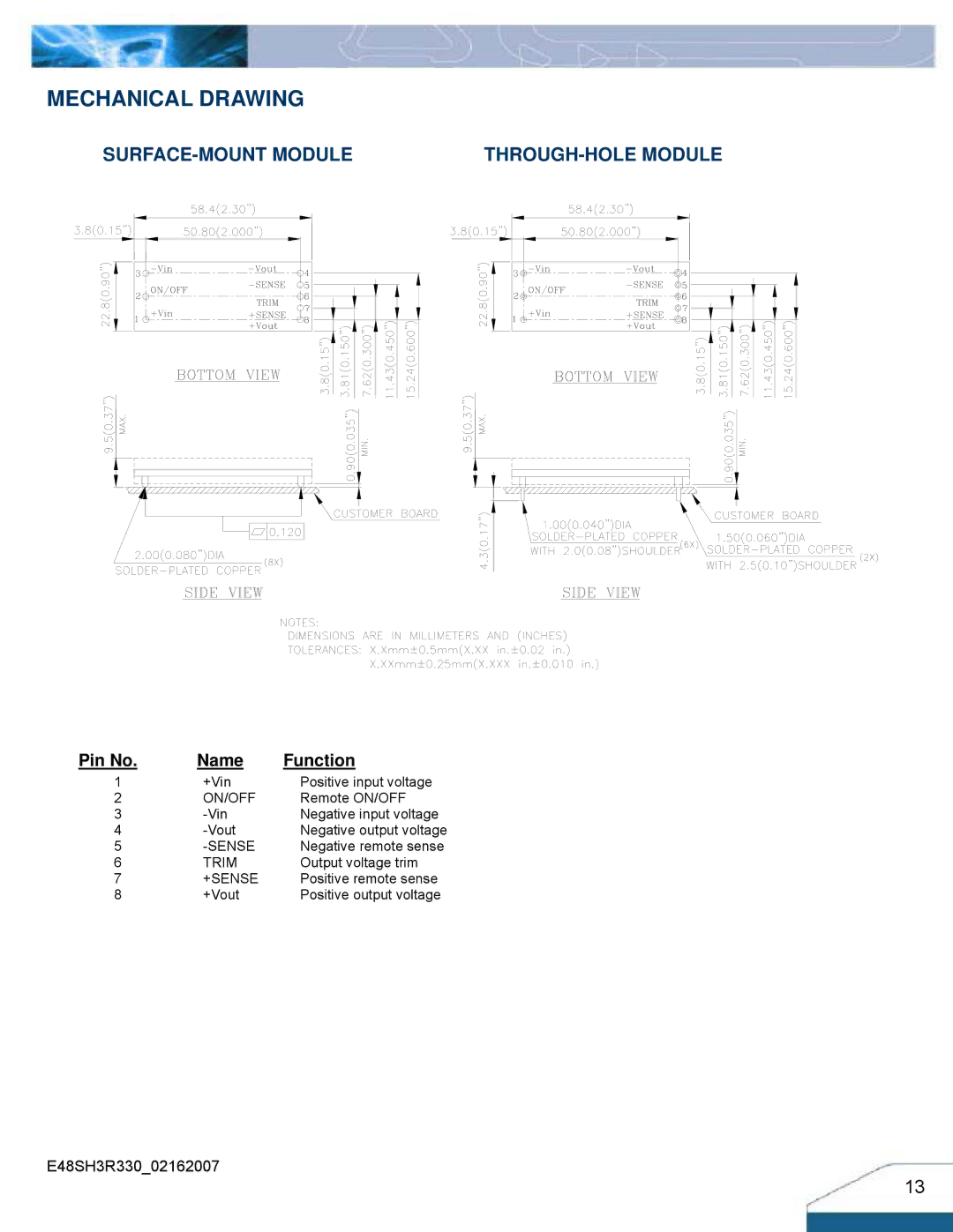 Delta Electronics Series E48SH manual Mechanical Drawing, Pin No Name Function 