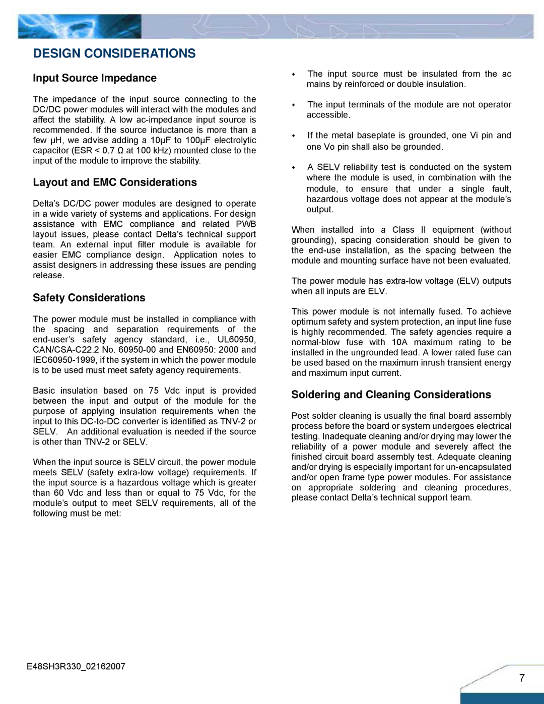 Delta Electronics Series E48SH manual Design Considerations, Input Source Impedance 