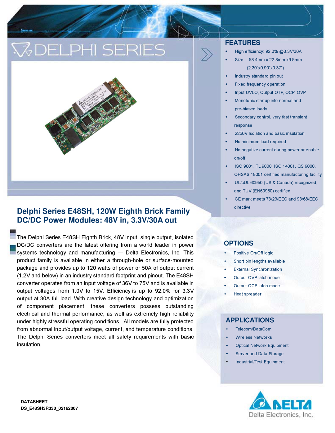 Delta Electronics Series E48SH manual Features, Options, Applications, DATASHEET DSE48SH3R33002162007 