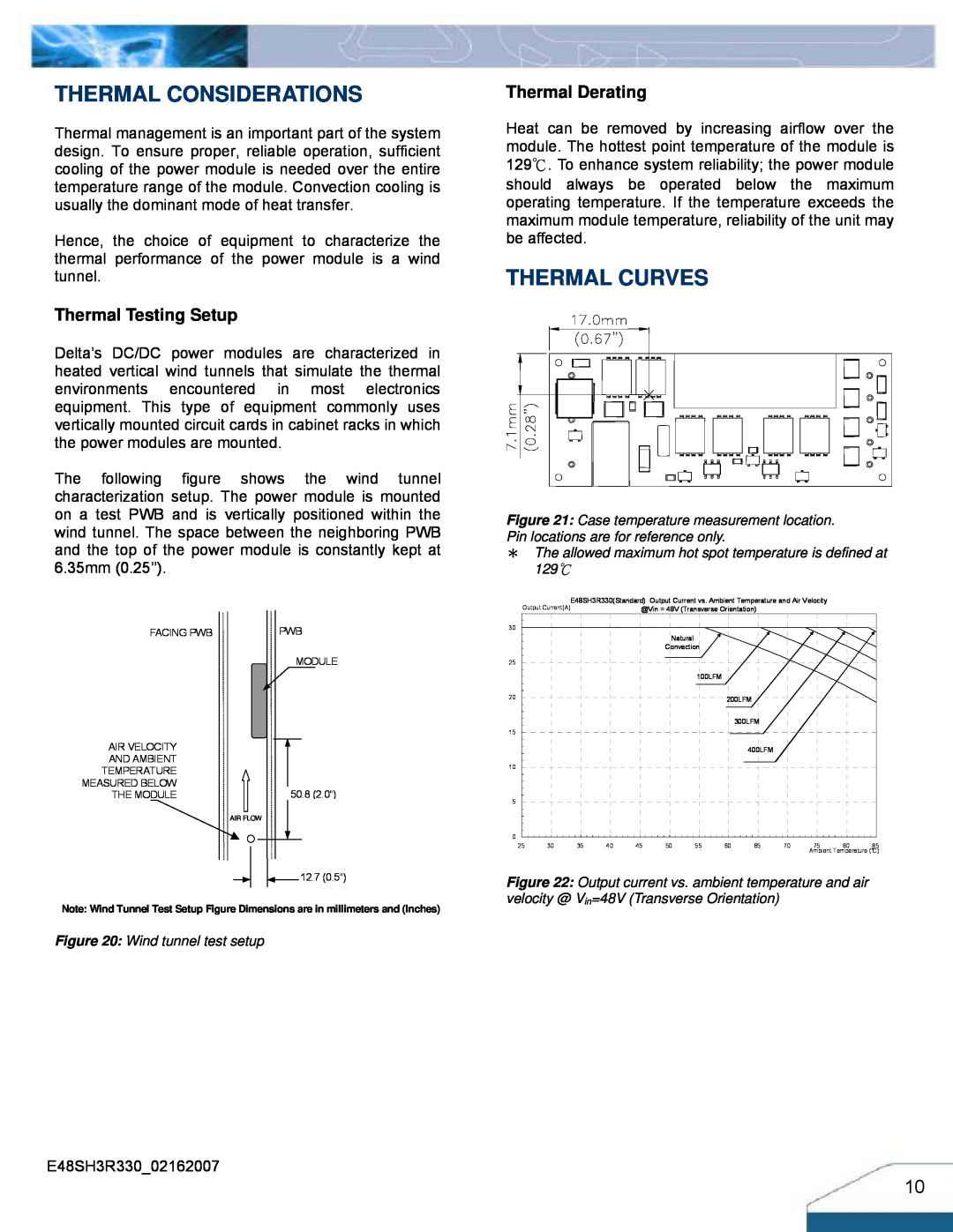 Delta Electronics Series E48SH manual Thermal Considerations, Thermal Curves, Thermal Testing Setup, Thermal Derating 