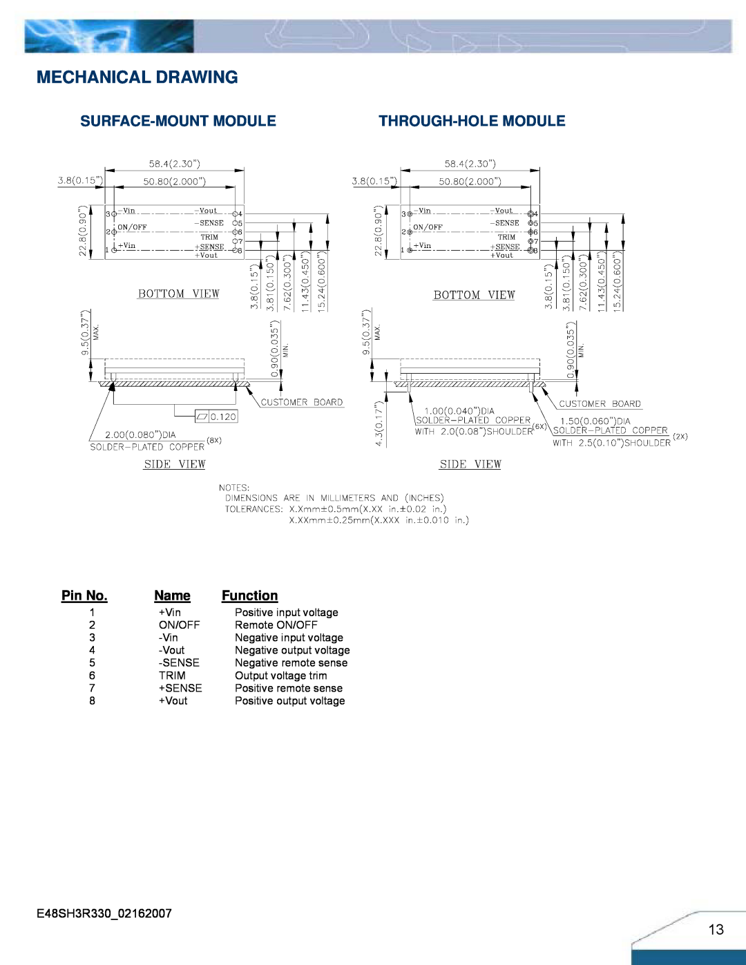 Delta Electronics Series E48SH manual Mechanical Drawing, Surface-Mount Module, Through-Hole Module, Pin No, Name, Function 