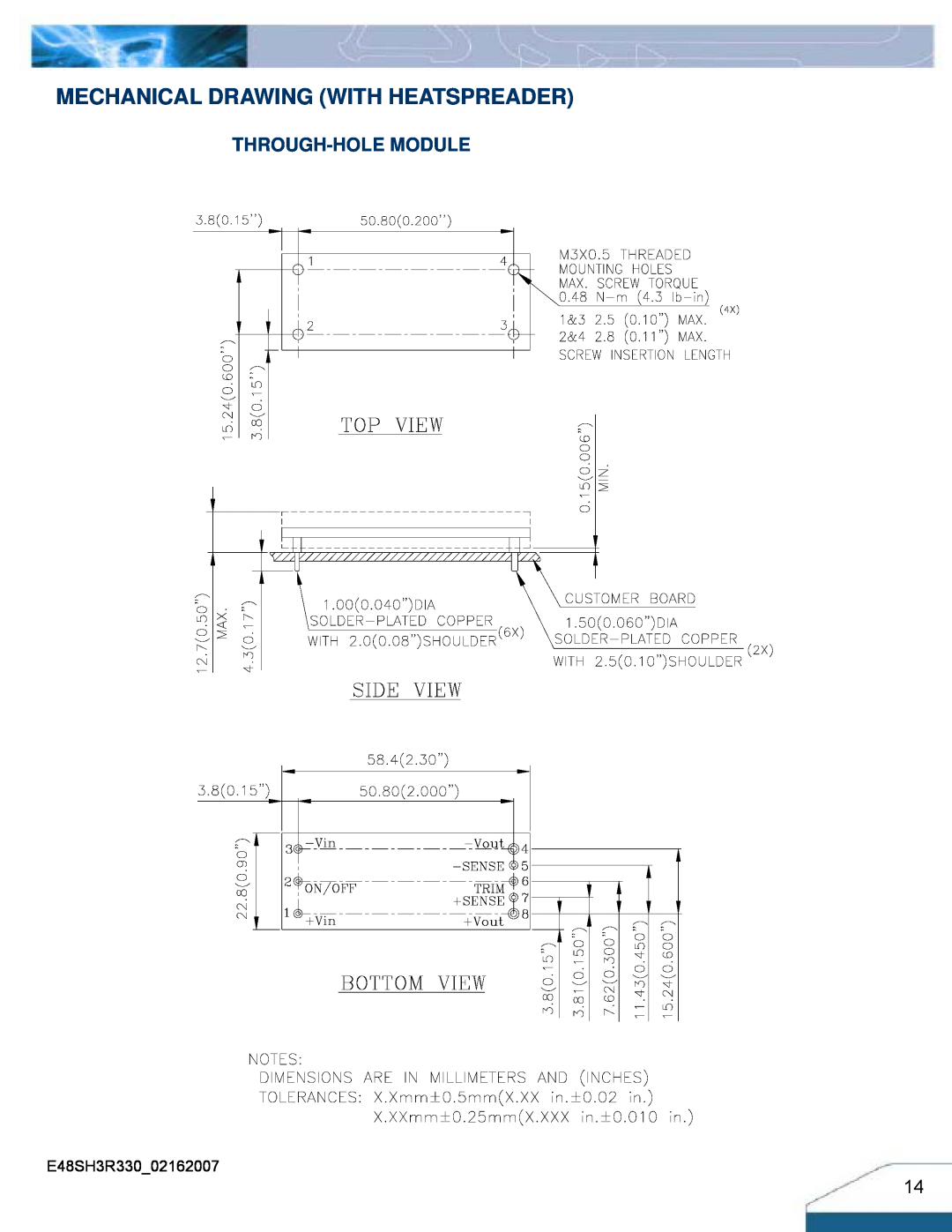 Delta Electronics Series E48SH manual Mechanical Drawing With Heatspreader, Through-Hole Module 