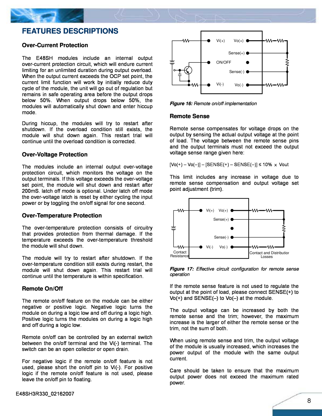 Delta Electronics Series E48SH manual Features Descriptions, Over-Current Protection, Over-Voltage Protection, Remote Sense 