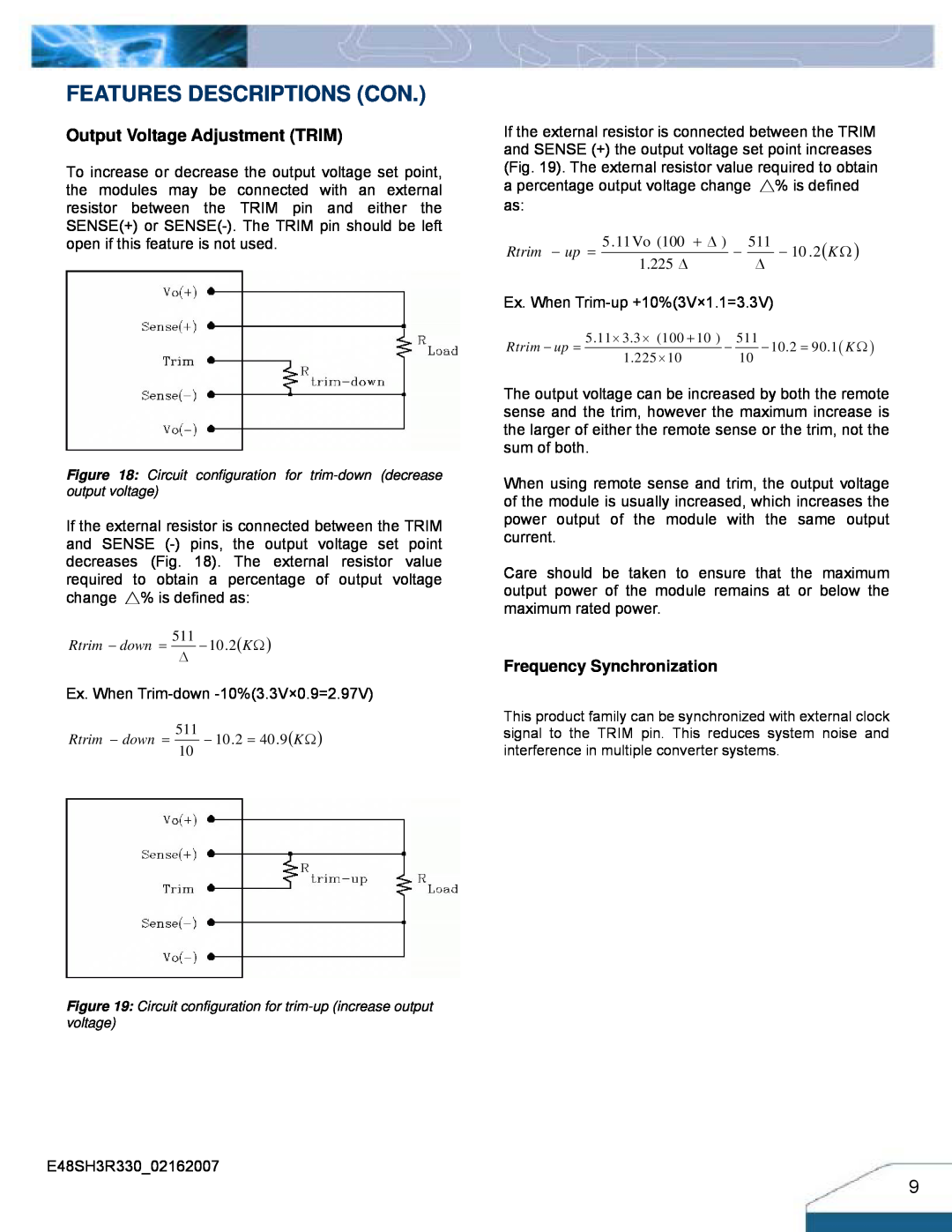 Delta Electronics Series E48SH manual Features Descriptions Con, Output Voltage Adjustment TRIM, Frequency Synchronization 