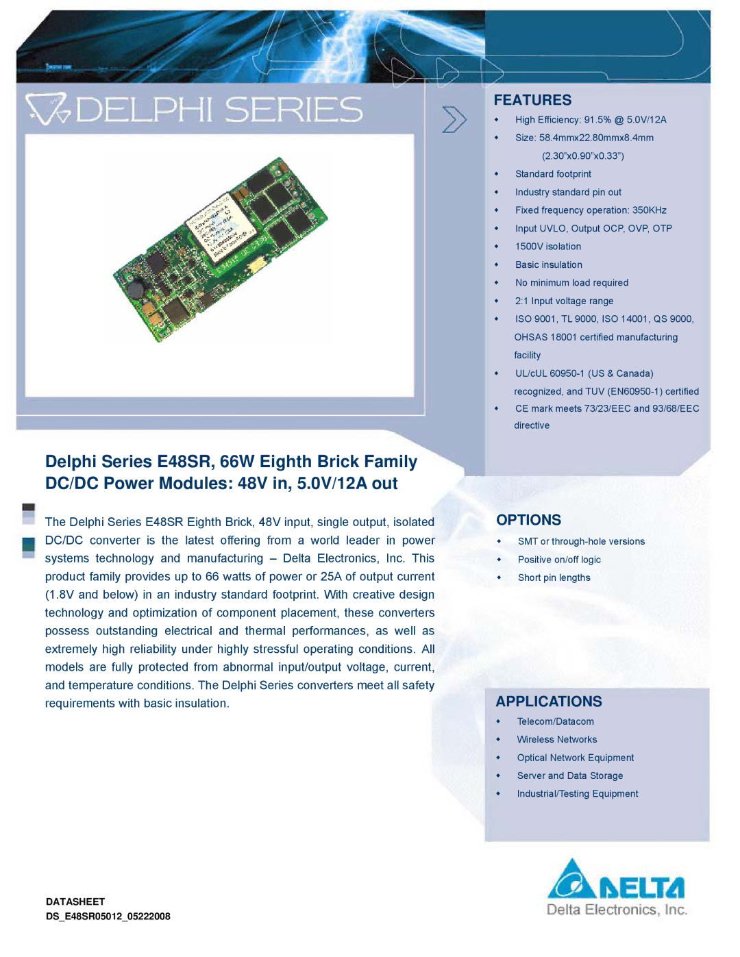 Delta Electronics Series E48SR manual Options 