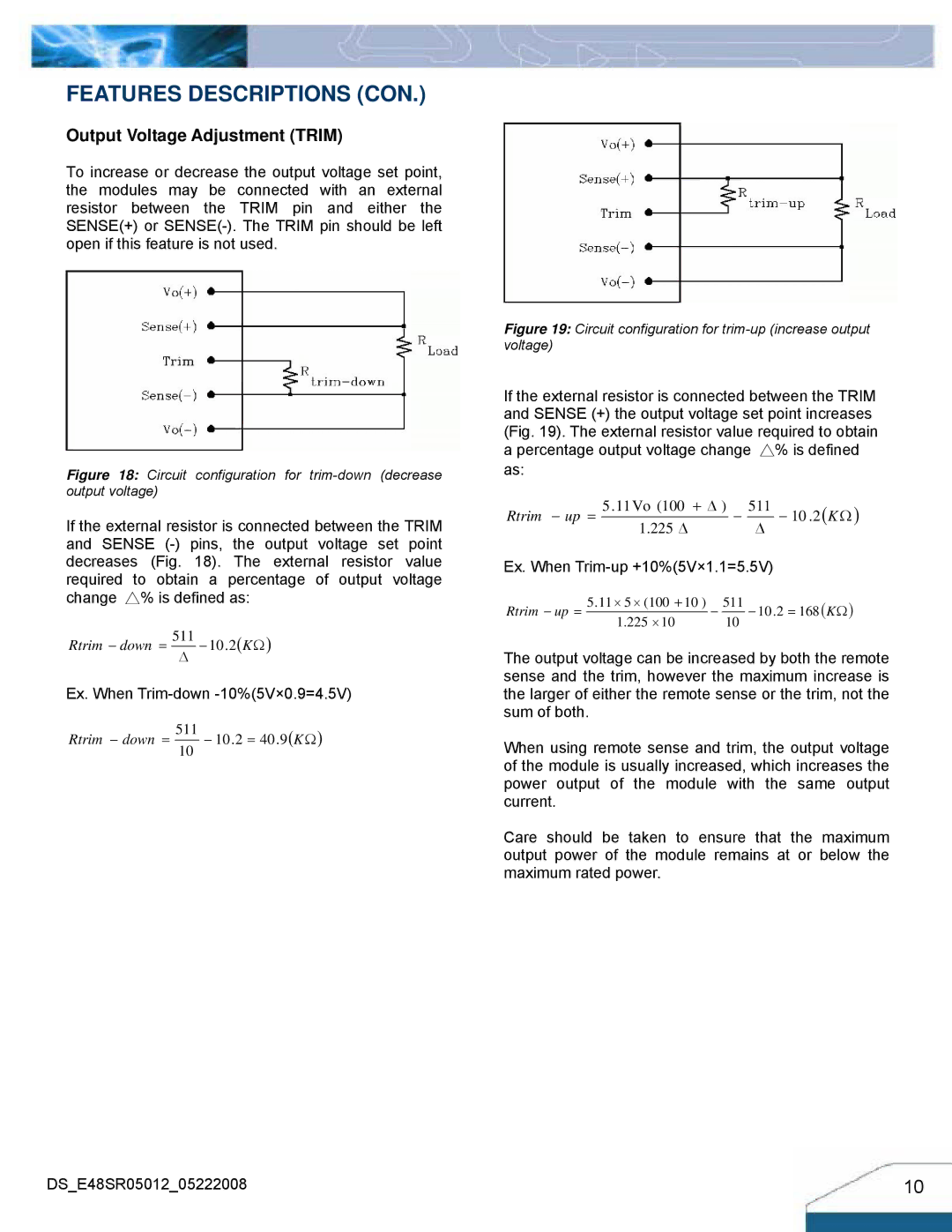 Delta Electronics Series E48SR manual Features Descriptions CON, Output Voltage Adjustment Trim 