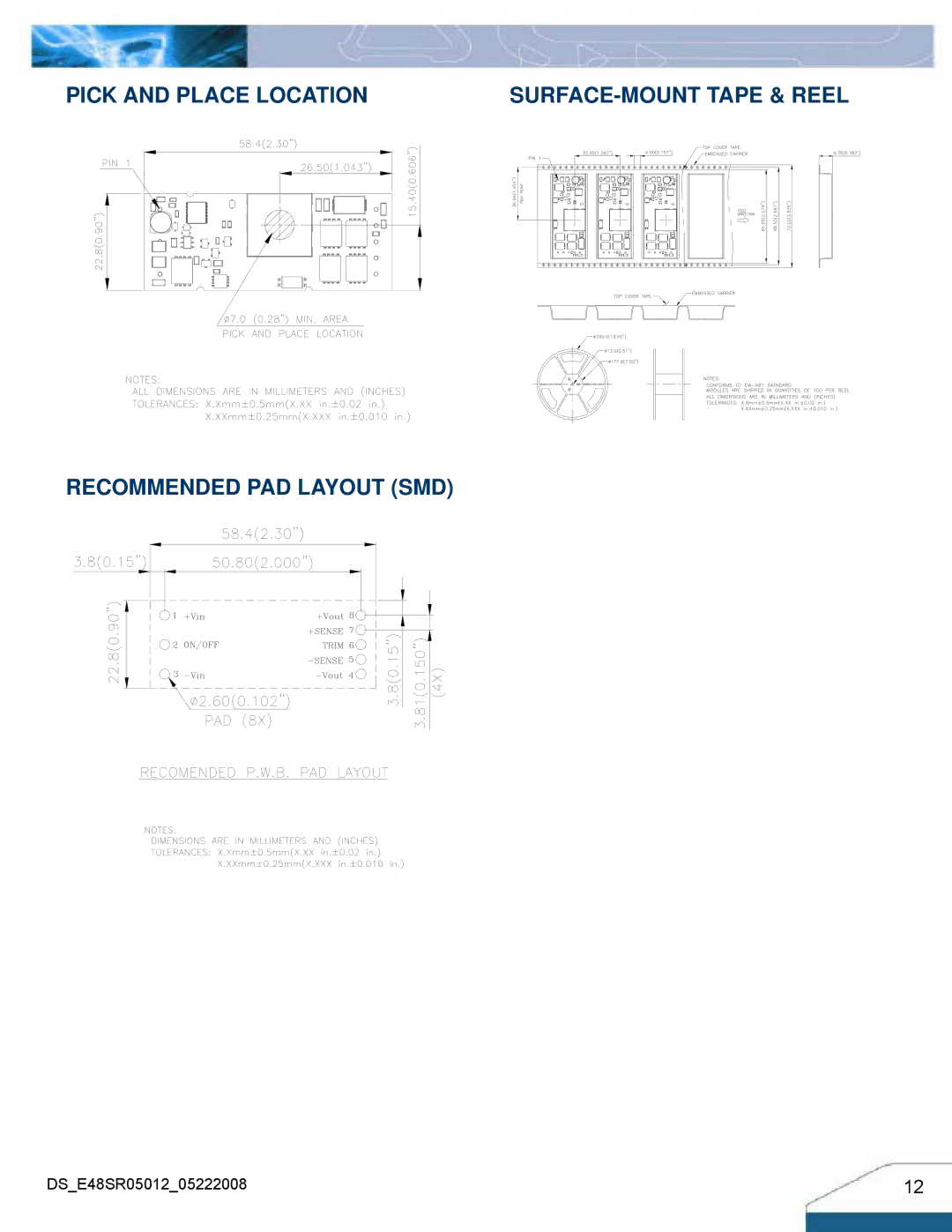 Delta Electronics Series E48SR manual Pick and Place Location, Recommended PAD Layout SMD 