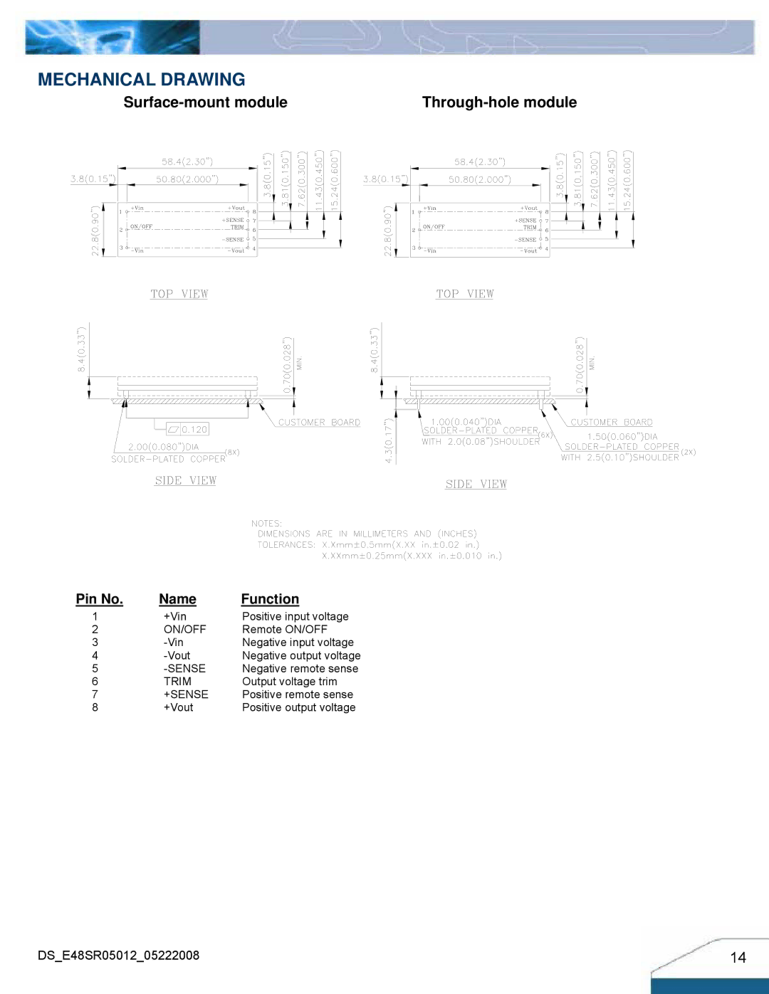 Delta Electronics Series E48SR manual Mechanical Drawing, Surface-mount module, Through-hole module, Pin No Name Function 