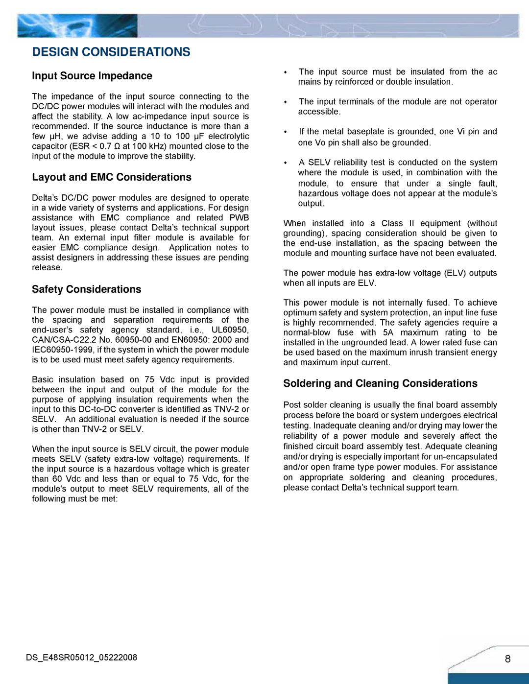 Delta Electronics Series E48SR manual Design Considerations, Input Source Impedance, Layout and EMC Considerations 