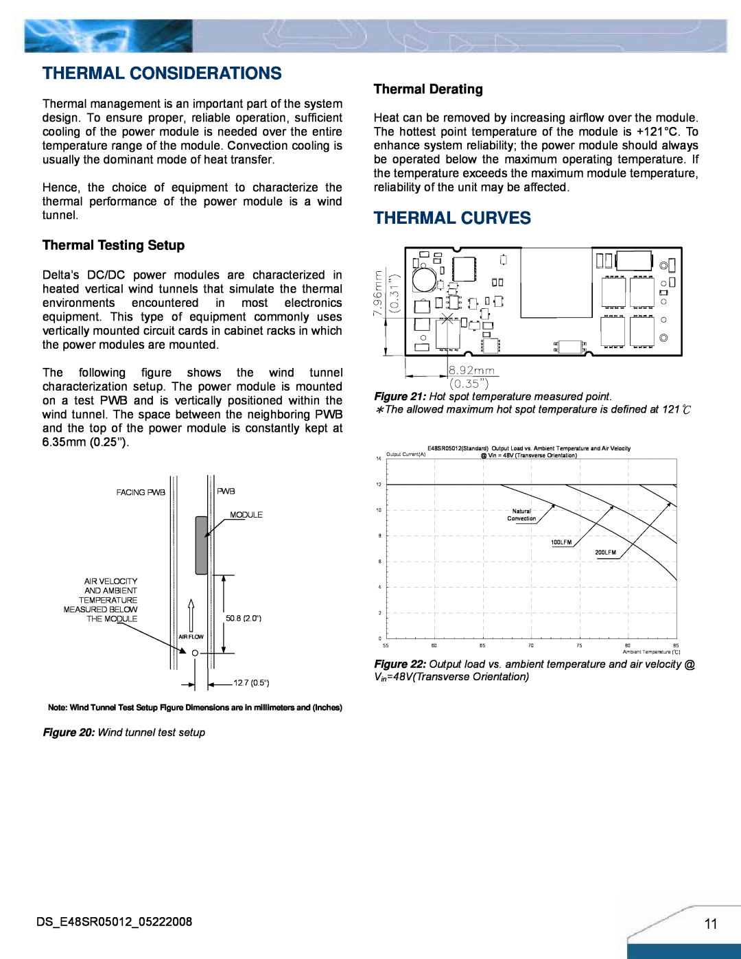Delta Electronics Series E48SR manual Thermal Considerations, Thermal Curves, Thermal Derating, Thermal Testing Setup 