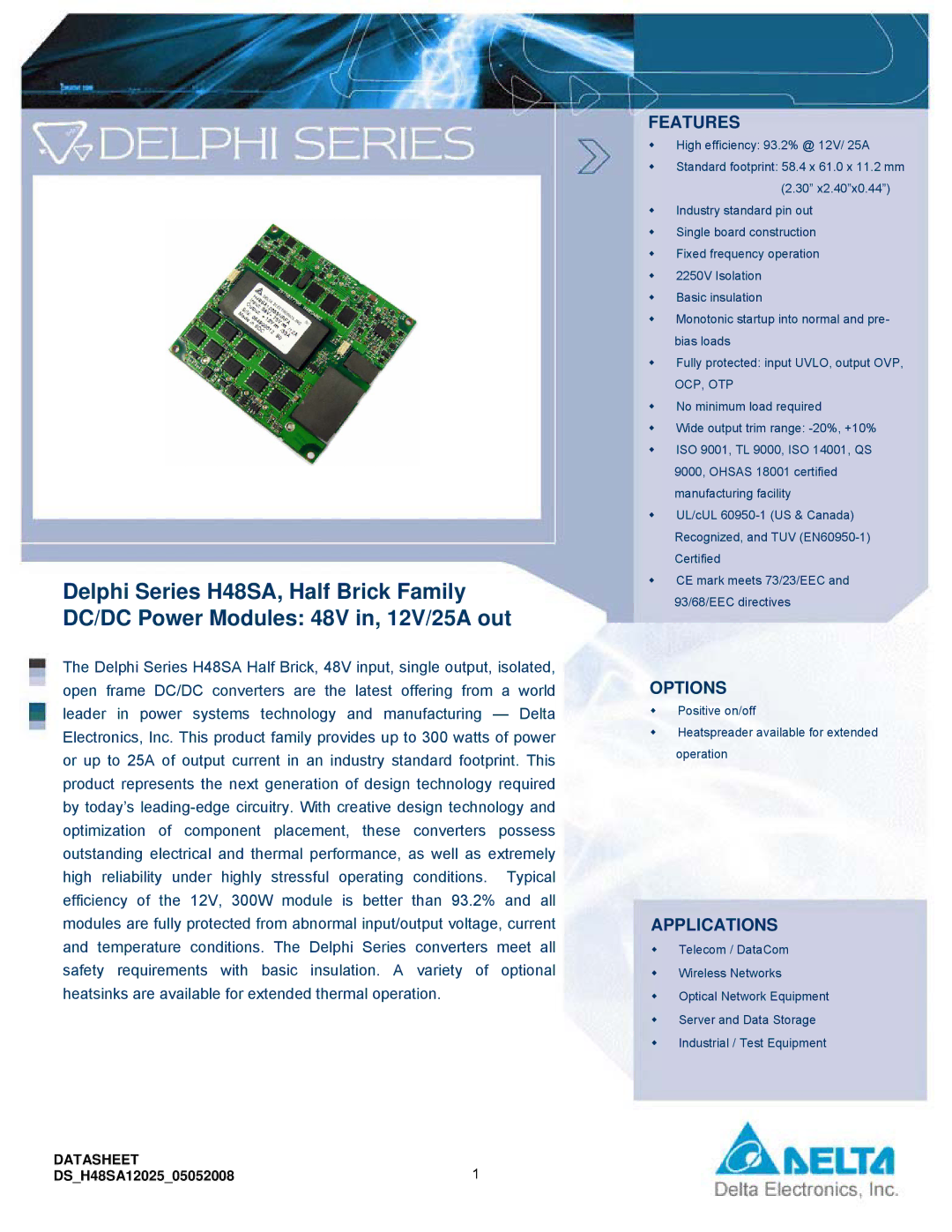 Delta Electronics Series H48SA manual Options 