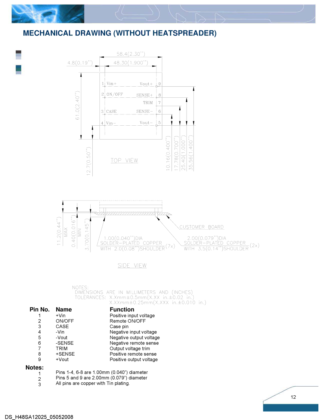 Delta Electronics Series H48SA manual Mechanical Drawing Without Heatspreader, Pin No Name Function 