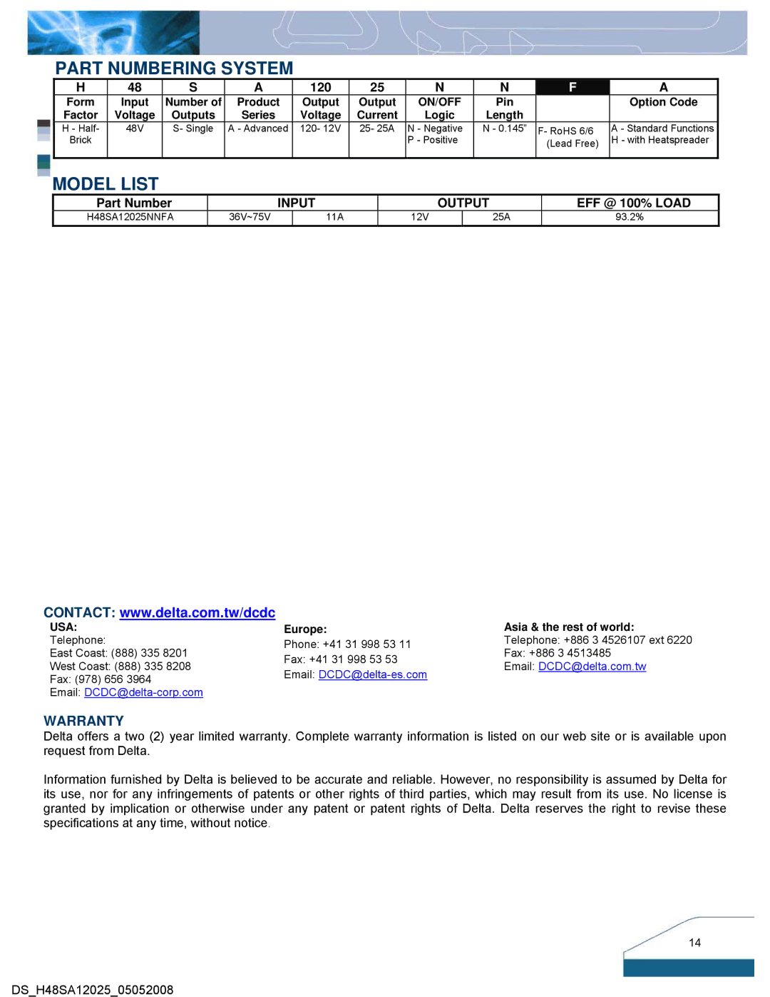 Delta Electronics Series H48SA manual Part Numbering System, Model List 