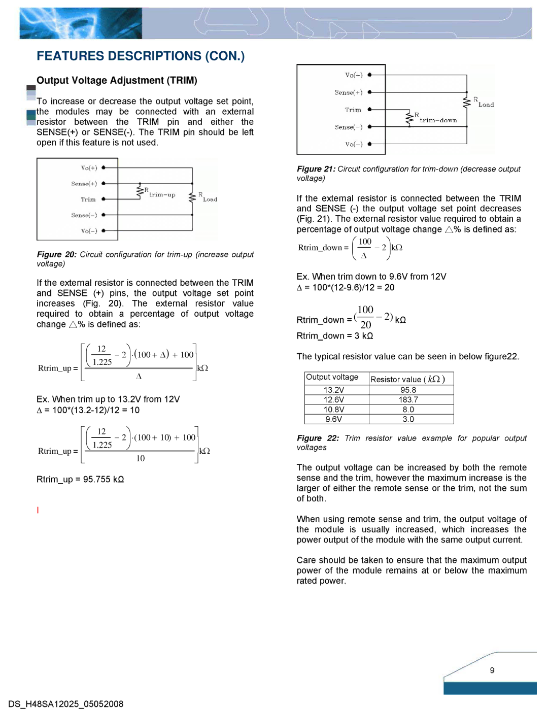 Delta Electronics Series H48SA manual Features Descriptions CON, Output Voltage Adjustment Trim 