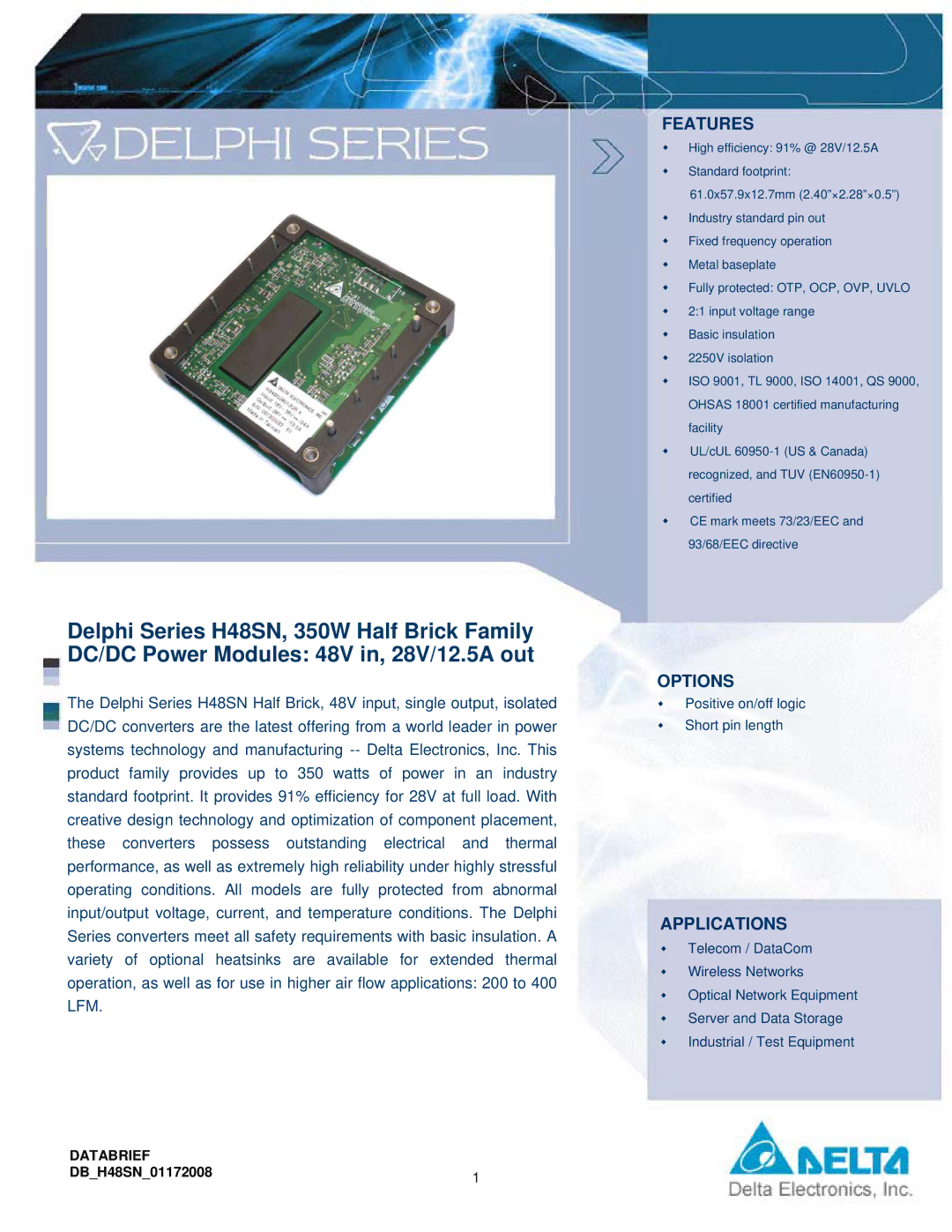 Delta Electronics Series H48SN manual Features, Options, Applications, Databrief, DBH48SN011720081 