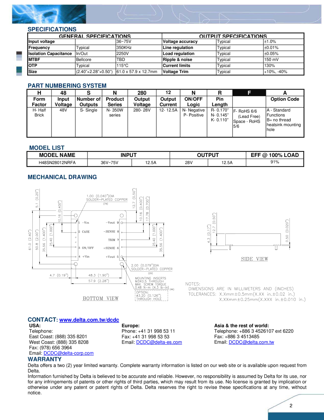 Delta Electronics Series H48SN manual Specifications, Part Numbering System, Model List, Mechanical Drawing, Warranty 