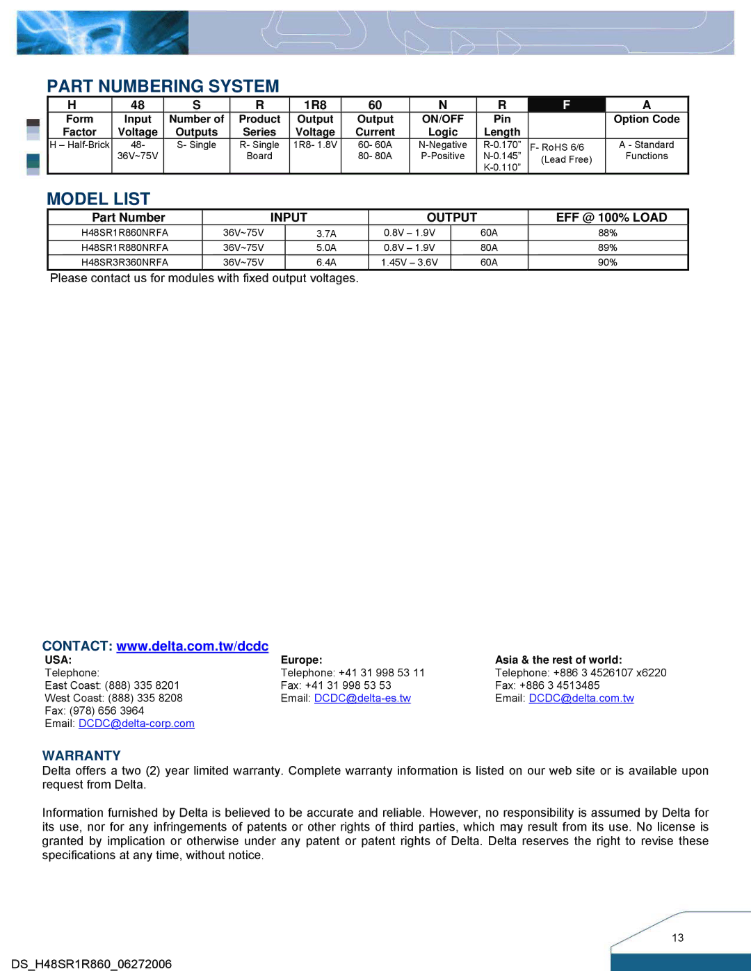 Delta Electronics Series H48SR manual Part Numbering System, Model List 