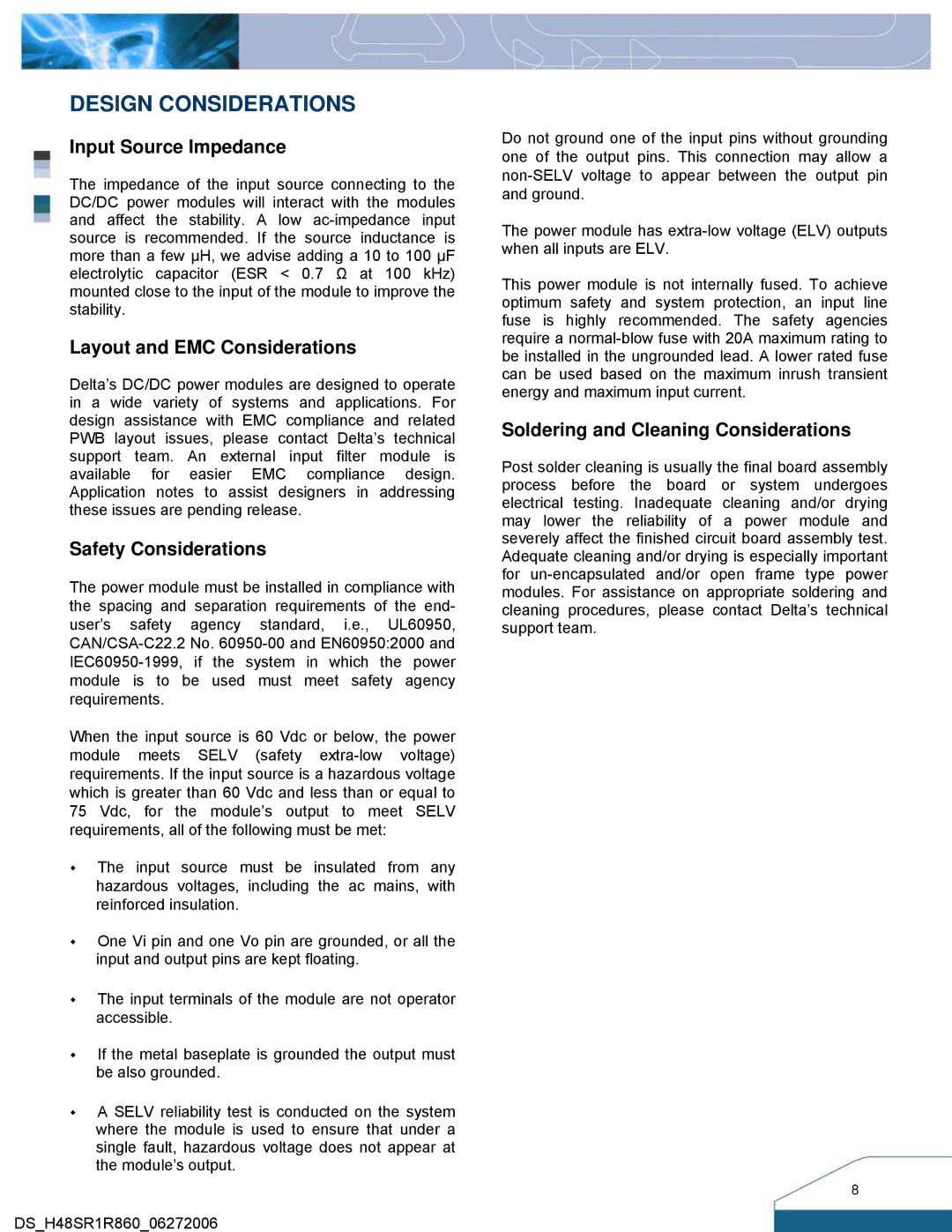 Delta Electronics Series H48SR manual Design Considerations, Input Source Impedance 